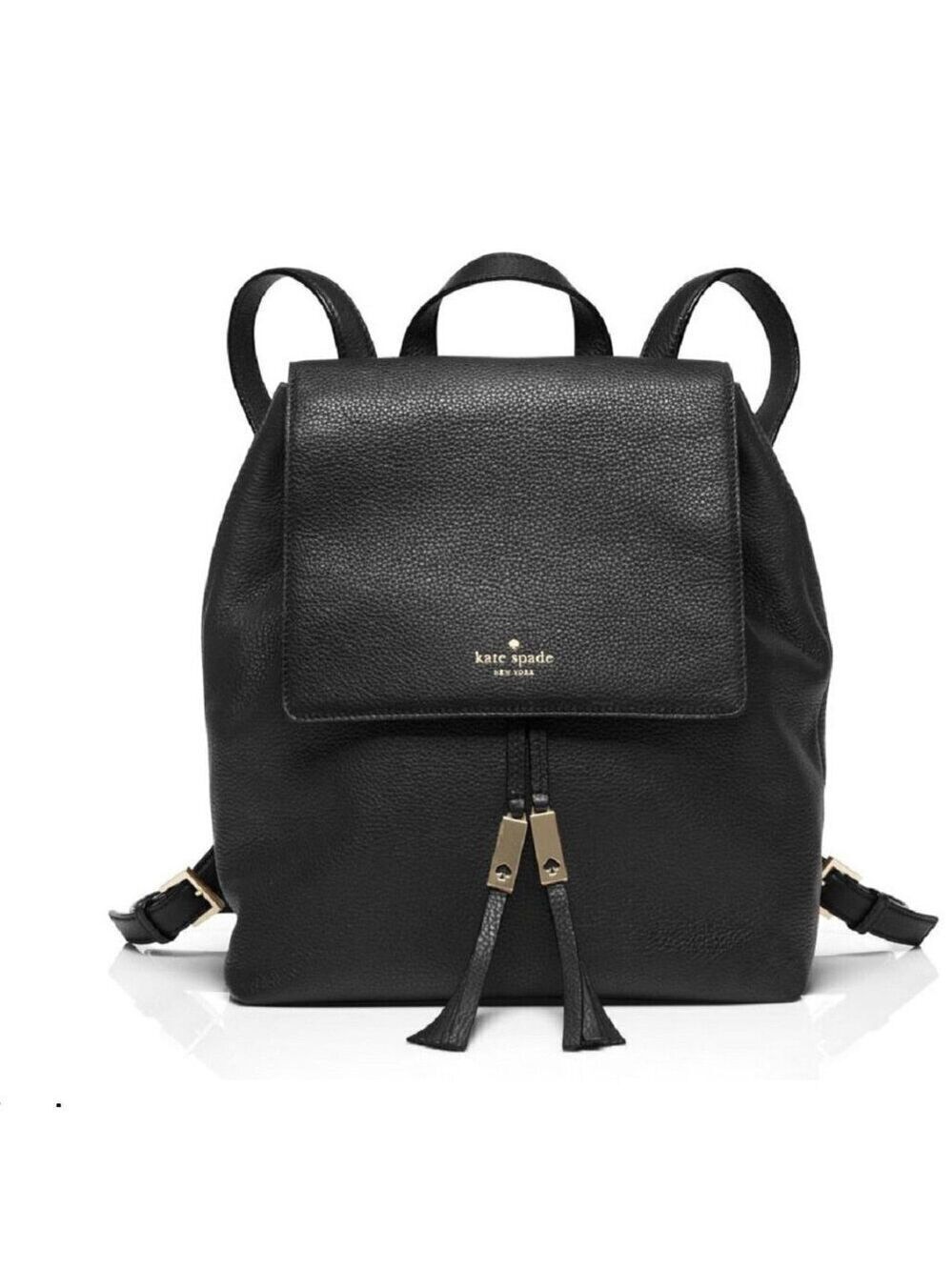 Kate Spade New York Grey Street Black Pebbled Leather Drawstring Backpack Bag